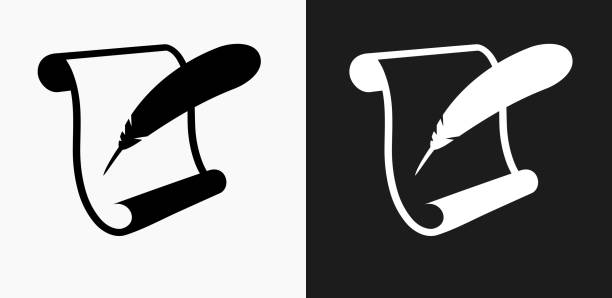 Paper Scroll and Feather Quill Icon on Black and White Vector Backgrounds Paper Scroll and Feather Quill Icon on Black and White Vector Backgrounds. This vector illustration includes two variations of the icon one in black on a light background on the left and another version in white on a dark background positioned on the right. The vector icon is simple yet elegant and can be used in a variety of ways including website or mobile application icon. This royalty free image is 100% vector based and all design elements can be scaled to any size. clip art of scroll quill stock illustrations