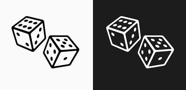 Two Dice Icon on Black and White Vector Backgrounds. This vector illustration includes two variations of the icon one in black on a light background on the left and another version in white on a dark background positioned on the right. The vector icon is simple yet elegant and can be used in a variety of ways including website or mobile application icon. This royalty free image is 100% vector based and all design elements can be scaled to any size.