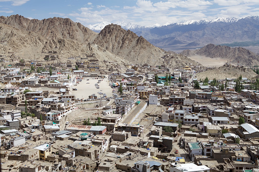 View of Leh, India. Leh was the capital of the Himalayan kingdom of Ladakh, now Leh District, in the north indian state of Jammu and Kashmir