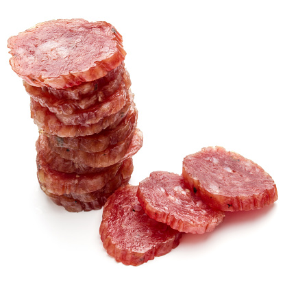 Salami smoked sausage slices isolated on white background cutout