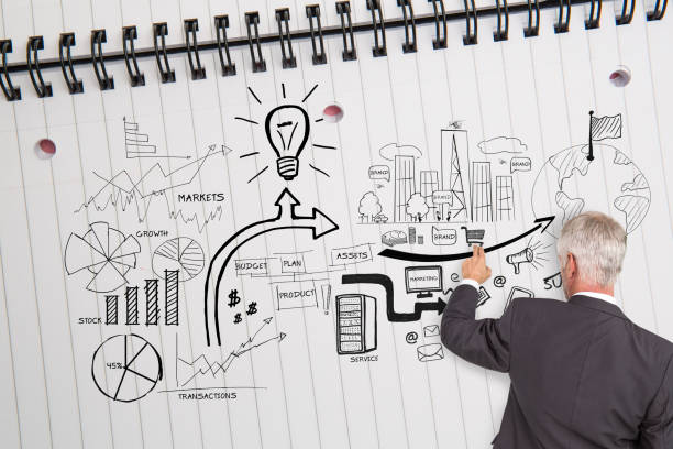 istock Rear view of businessman pointing at illustrations on huge notebook 849340532