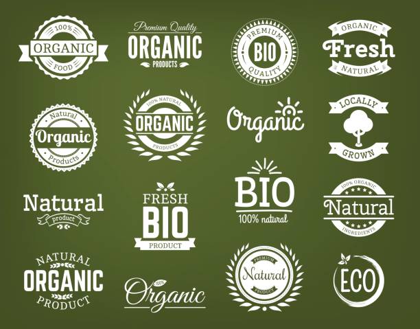 Organic vector logo set. 100% organic logo. Collection of healthy organic food labels, logos, badges and signs for identity and packaging of natural, organic, premium quality products. Vector set. organic food stock illustrations