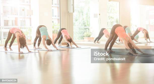 Woman Do Exercise In Gymdoing Yoga Stock Photo - Download Image Now - Yoga Class, Indoors, Fitness Ball