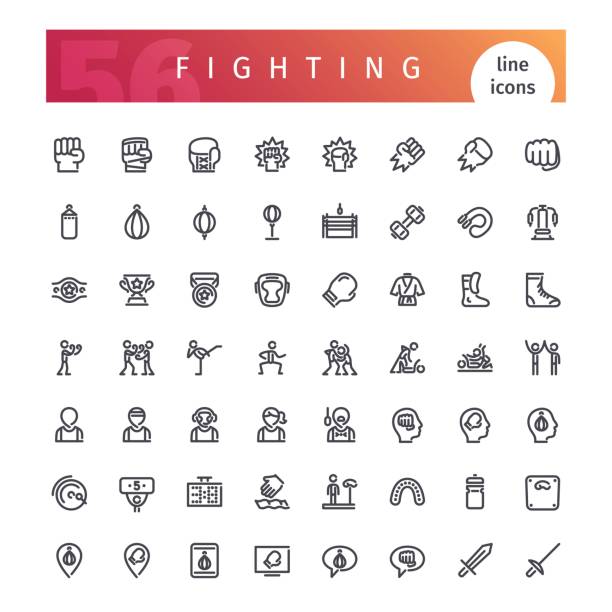 Fighting Line Icons Set Set of 56 fighting line icons suitable for web, infographics and apps. Isolated on white background. Clipping paths included. head protector stock illustrations