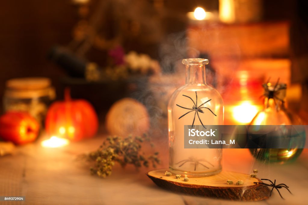 Halloween holiday concept Halloween holiday concept. Witch lab with ingredients for poisons. Halloween Stock Photo