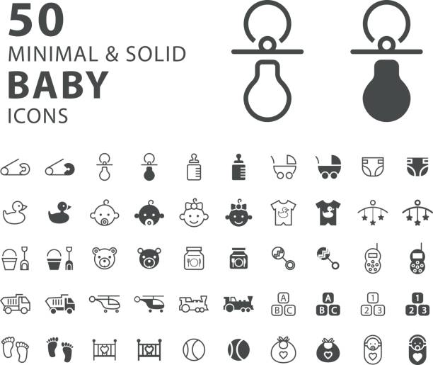 ilustrações de stock, clip art, desenhos animados e ícones de set of 50 minimal and solid baby icons on white background . vector isolated elements - newborn animal audio