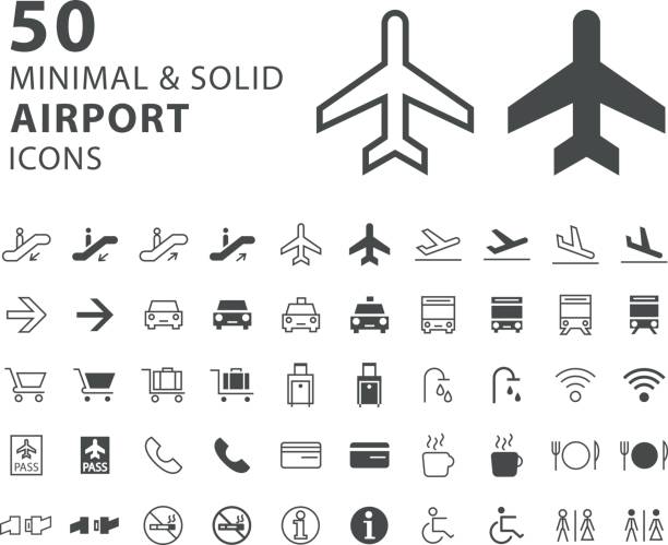 ilustrações de stock, clip art, desenhos animados e ícones de set of 50 minimal and solid airport icons on white background - airplane checkin