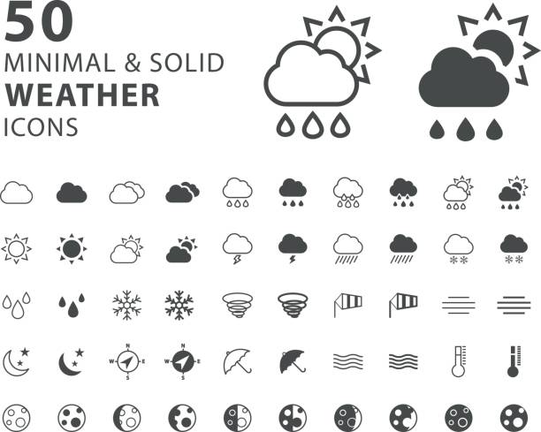 Set of 50 Minimal and Solid Weather Icons on White Background Isolated Vector Elements lightning rain thunderstorm storm stock illustrations