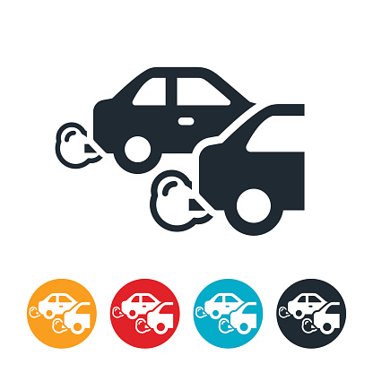 An icon of two cars with a focus on their exhaust coming from their tailpipes. The icons symbolize the pollution produced by gas burning vehicles.