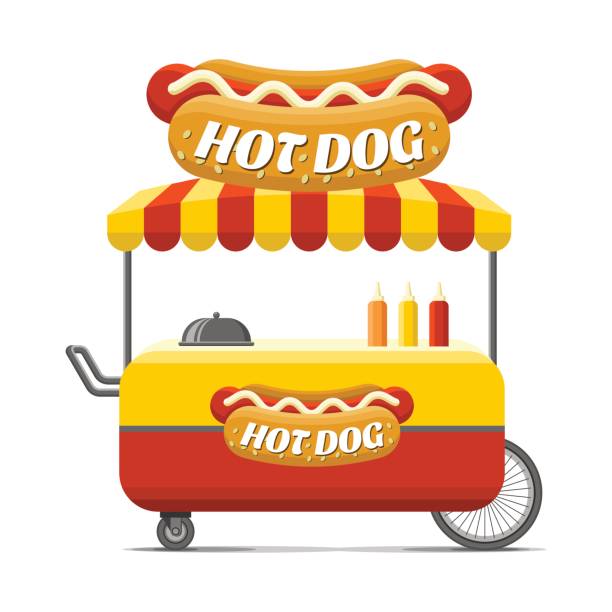 Hot dog street food cart. Colorful vector image Hot dog street food cart. Colorful vector illustration, cartoon style, isolated on white background hot dog stand stock illustrations