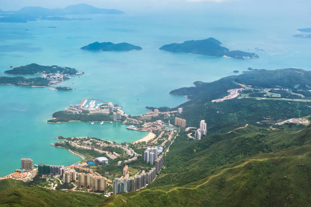 Aerial sho of the island . Aerial shot the coast of the island see towns and mountains and the ocean. sho instrument stock pictures, royalty-free photos & images