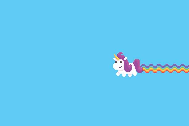 Pixel Art Unicorn Pixel art unicorn with rainbow tail isolated on dark background isolated on blue background unicorn face stock illustrations