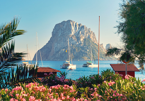 Picturesque view of the mysterious island of Es Vedra. Ibiza Island, Balearic Islands. Spain
