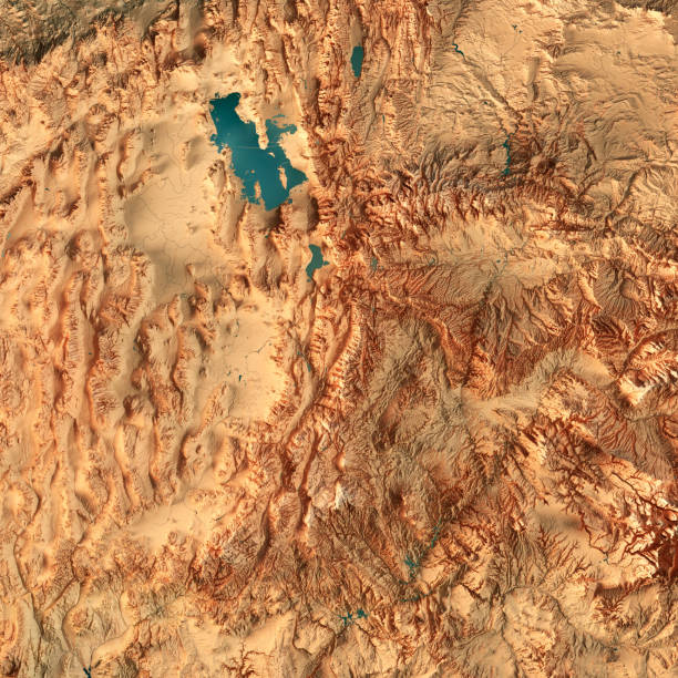 Utah State USA 3D Render Topographic Map 3D Render of a Topographic Map of the State of Utah, USA.
All source data is in the public domain.
Color texture: Made with Natural Earth. 
http://www.naturalearthdata.com/downloads/10m-raster-data/10m-cross-blend-hypso/
Relief texture and Rivers: SRTM data courtesy of USGS. URL of source image: 
https://e4ftl01.cr.usgs.gov//MODV6_Dal_D/SRTM/SRTMGL1.003/2000.02.11/
Water texture: SRTM Water Body SWDB:
https://dds.cr.usgs.gov/srtm/version2_1/SWBD/ lake utah stock pictures, royalty-free photos & images