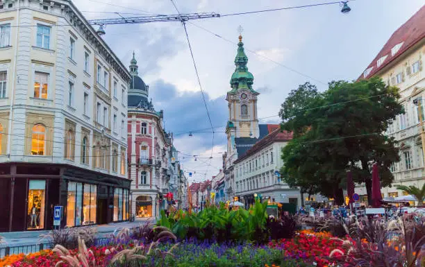 Cityscape of Herrengasse shopping street in Graz, Autria