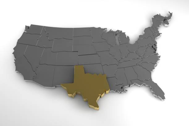 United States of America, 3d metallic map, with Texas state highlighted. 3d render