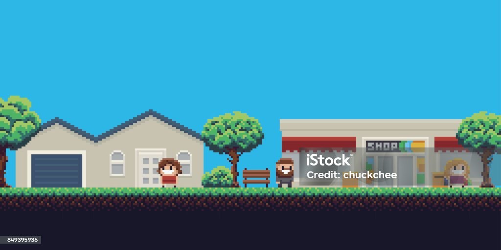 Pixel Shop Pixel art scene with house, shop, trees and people Pixel Art stock vector