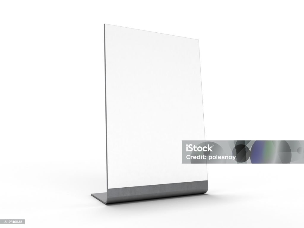 Mock up menu frame on table. 3D rendering Acrylic Glass Stock Photo