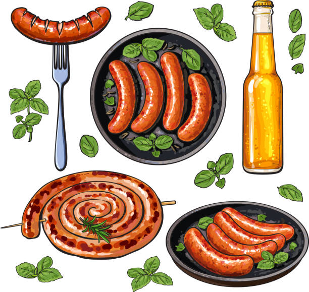 ilustraciones, imágenes clip art, dibujos animados e iconos de stock de cerveza y salchichas, gran conjunto de alimentos de parte de parrilla - comida alemana