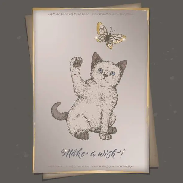 Vector illustration of Romantic A4 format color vintage birthday card template with calligraphy, kitten and butterfly sketch.