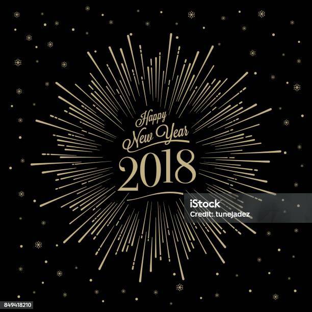 Ilustración de Feliz Año Nuevo Starburst y más Vectores Libres de Derechos de Fuego - Fuego, 2018, Acontecimiento