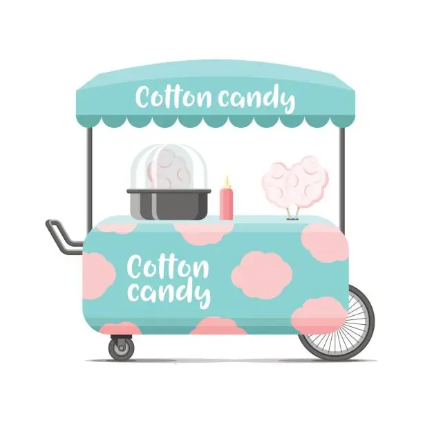 Vector illustration of Cotton candy street food cart. Color vector image