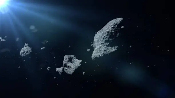 a group of huge asteroids flying through space