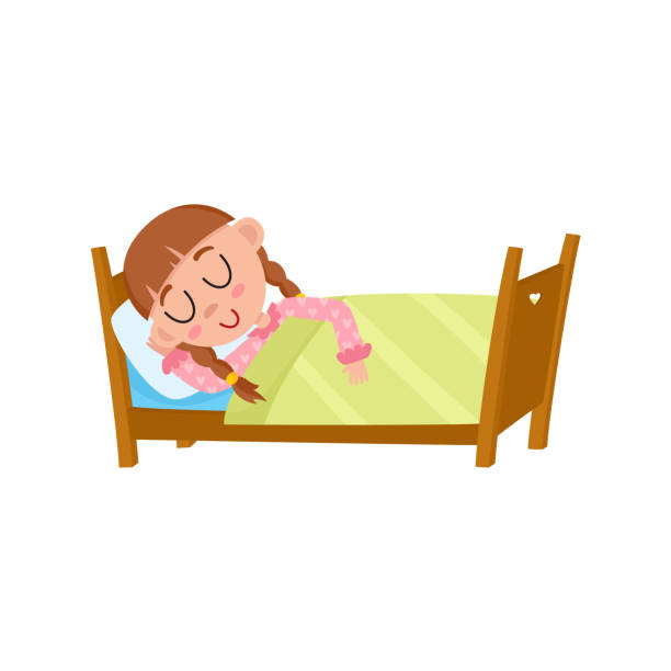 stockillustraties, clipart, cartoons en iconen met vector platte meisje slaapt in haar bed onder deken - baby slaapzak