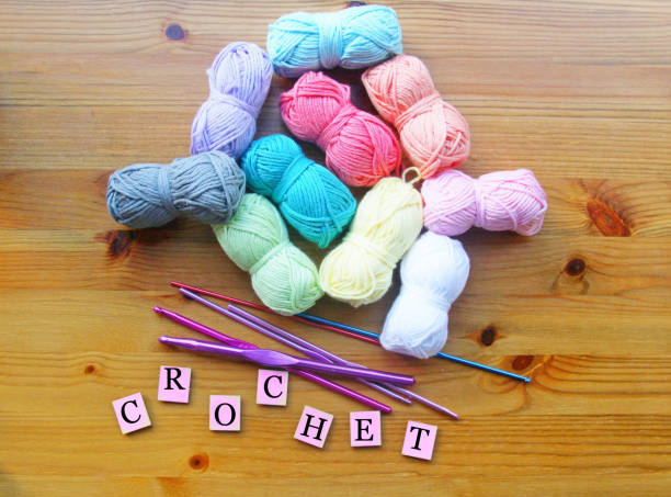 istock Crochet hooks and colourful threads on wooden background 849450764