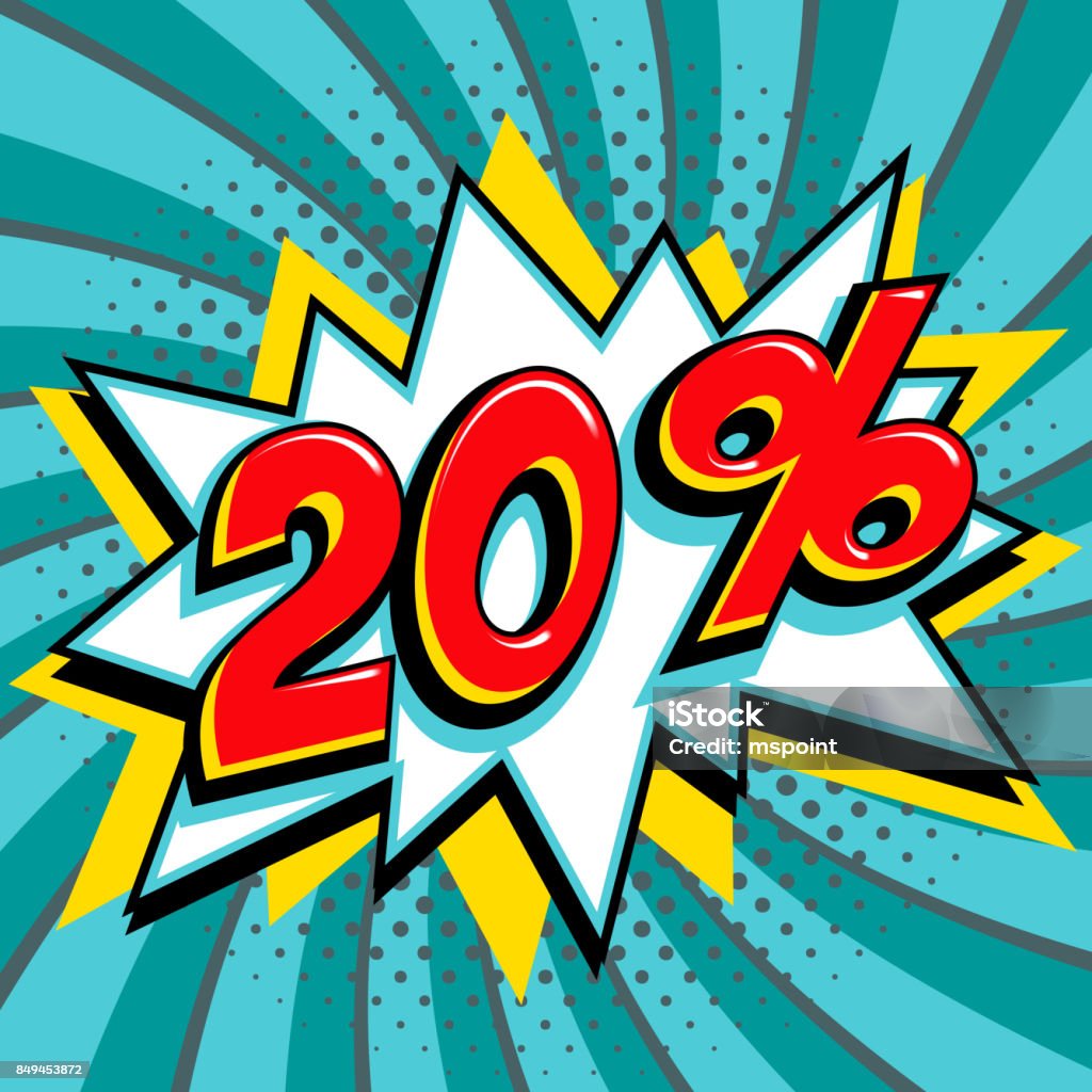 Turquoise 20 twenty percent off sale banner. Red number on yellow bang shape and blue-green swirling background. Big sale web banner in Pop-art style. Comic style sale promotion banner Turquoise 20 twenty percent off sale banner. Red number on yellow bang shape and blue-green swirling background. Big sale web banner in Pop-art style. Comic style sale promotion banner. Vector illustration Art stock vector