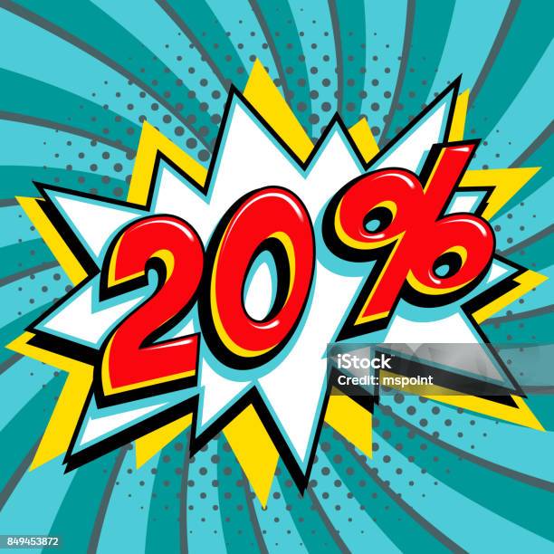 Turquoise 20 Twenty Percent Off Sale Banner Red Number On Yellow Bang Shape And Bluegreen Swirling Background Big Sale Web Banner In Popart Style Comic Style Sale Promotion Banner Stock Illustration - Download Image Now