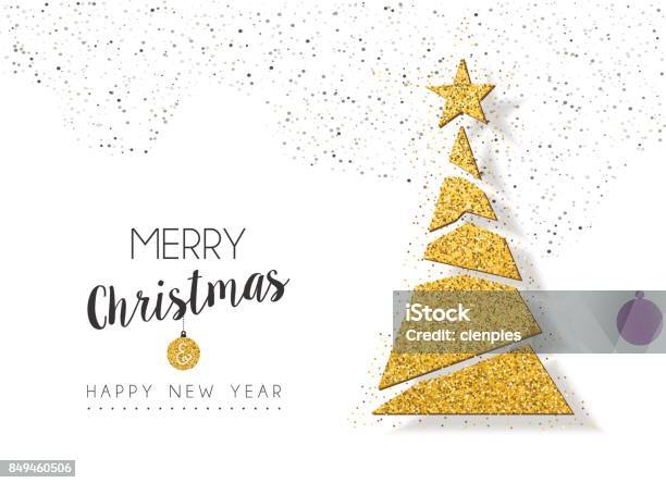Christmas New Year Gold Glitter Holiday Pine Tree Stock Illustration - Download Image Now - Christmas Card, Christmas, Celebration