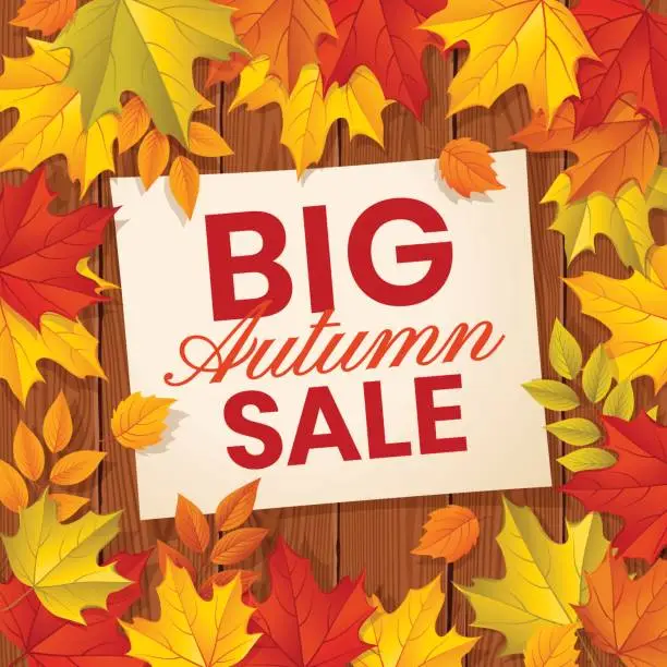 Vector illustration of Autumn Sale background with wood Leaves and wood