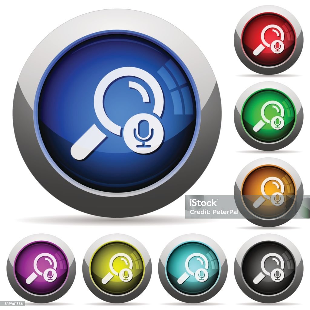 Voice search round glossy buttons Voice search icons in round glossy buttons with steel frames Achievement stock vector