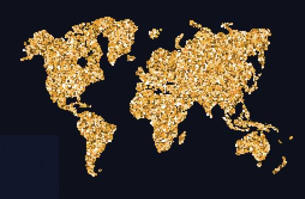 黄金色の世界地図 黒の背景に金色のきらめきの世界地図の概念図 - 世界地図のストック