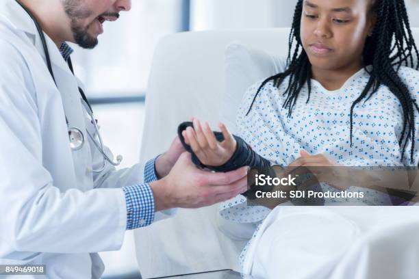 Teen Hospital Patient Learns How To Wear Wrist Brace Stock Photo - Download Image Now