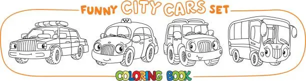 Vector illustration of Funny small city cars with eyes. Coloring book set