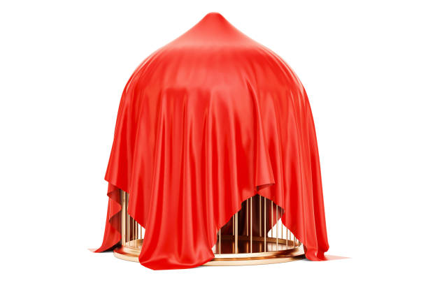 istock Golden bird cage covered red cloth, 3D rendering 849475862