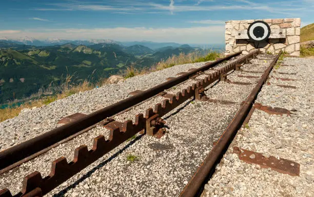 Endpoint of a rack railway on the top of a mountain on a sunny day