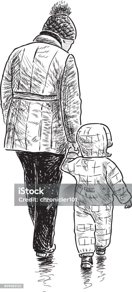 Elderly woman and her grandson go on a stroll Vector drawing of a grandmother with a kid on a walk. Grandson stock vector