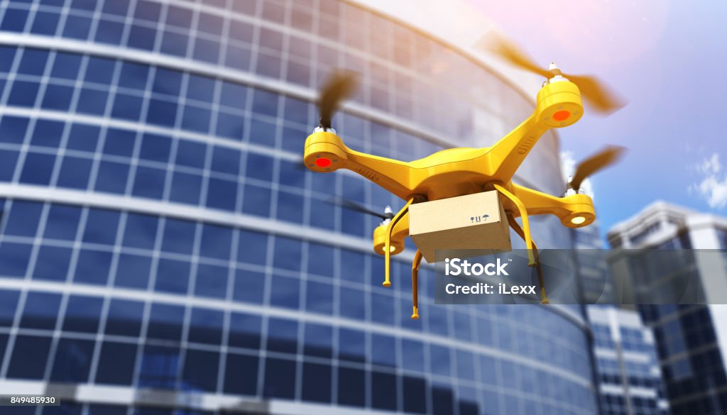 Quadrocopter carrying a parcell Quadrocopter carrying a parcell. 3D illustration Drone Stock Photo