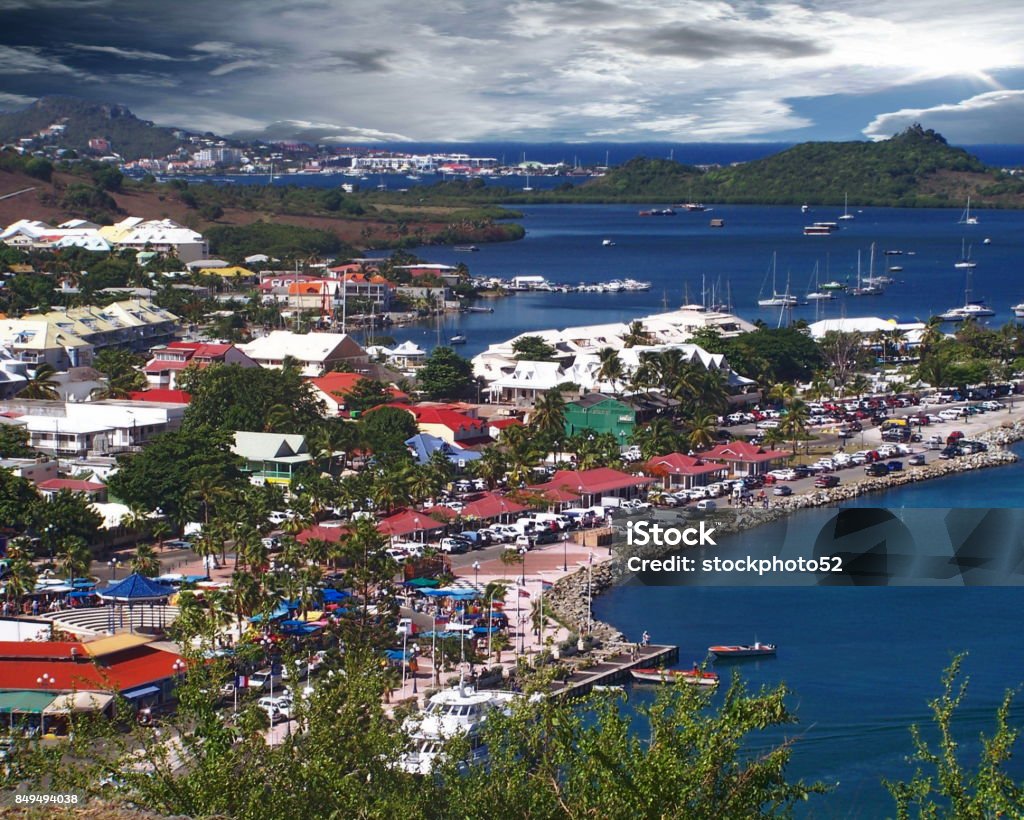 Marigot Saint Martin Overlooking the town of Marigot, capital in the French Collectivity of Saint Martin. Aerial View Stock Photo