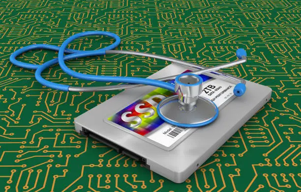 Hard disk type ssd and stethoscope. 3d rendering.