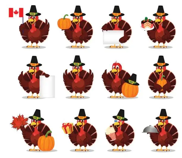 Vector illustration of Thanksgiving greeting card with a turkey bird wearing a Pilgrim hat. Set