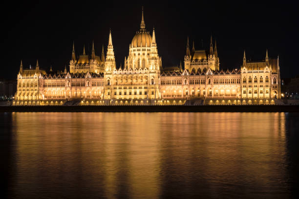 Hungarian Parliament Building at night, Budapest, Hungary stock photo