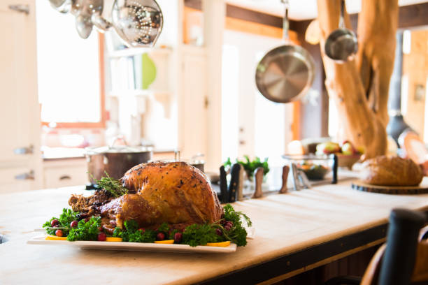 Thanksgiving Roast Turkey garnish and platter on rustic wooden table