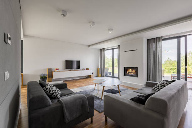 istock Luxurious living room with fireplace 849520824