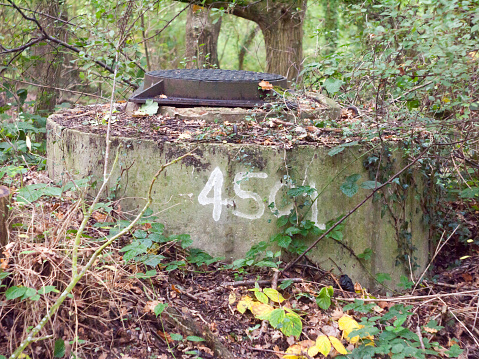 close up of numbered war bunker locked top forest