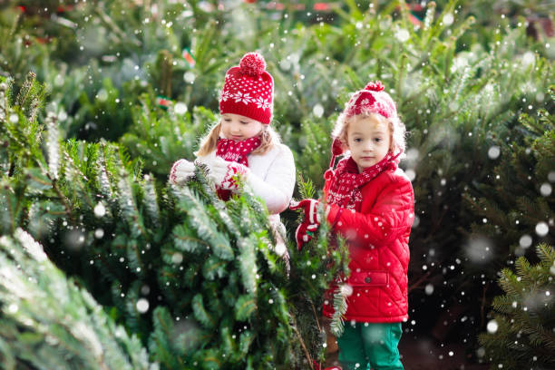 istock Kids select Christmas tree. Family buying Xmas tree. 849543868