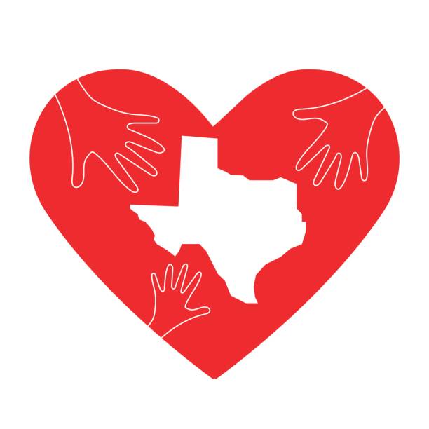 Vector Illustration: helping hands, heart and Texas map silhouette. Great as donate, love or relief hand icon. Support for volunteering work and relief after Hurricane, floods, landfalls in Texas. vector art illustration